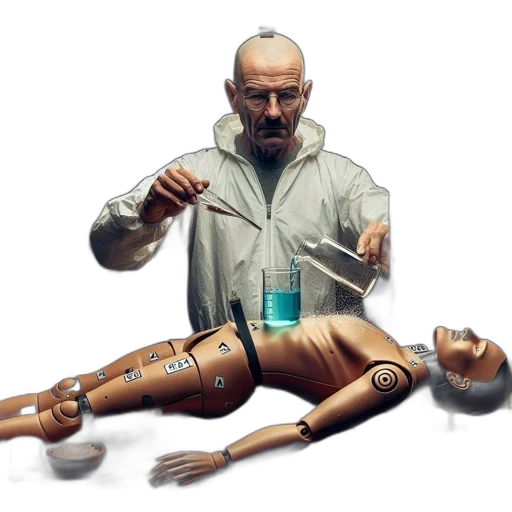 staff, concept art, cyberpunk, photorealistic, elderly, scientist, pours, substance transparent PNG cut-out