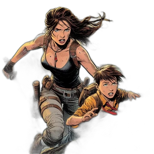 comic book art, concept art, two, characters, one, woman, dagger, boy transparent PNG cut-out