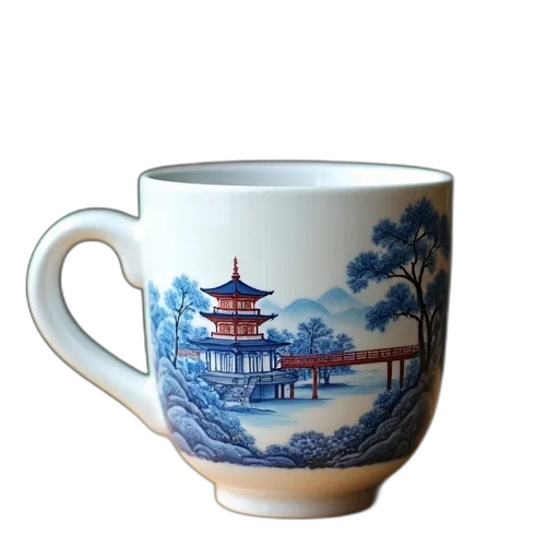 photorealistic, oil painting, 3d render, vaporwave, white, ceramic, mug, blue transparent PNG cut-out