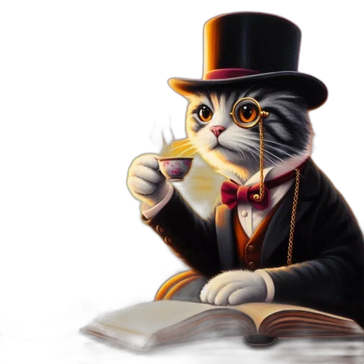 hat, photorealistic, cartoon, concept art, fantasy art, formally, dressed, cat transparent PNG cut-out