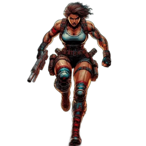 weapon, concept art, cyberpunk, pixel art, comic book art, fierce-looking, female, character transparent PNG cut-out