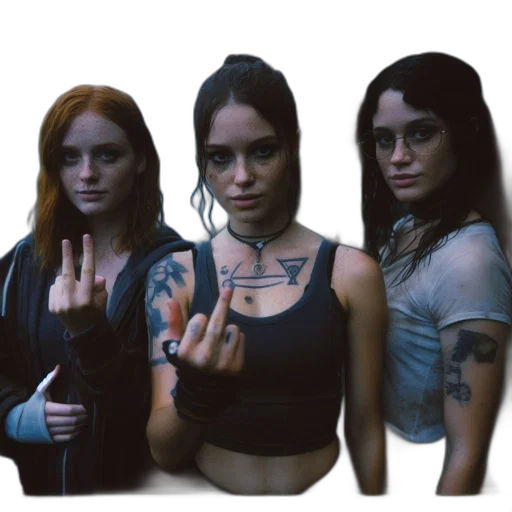 concept art, cyberpunk, three, young, women, stand, together, misty transparent PNG cut-out