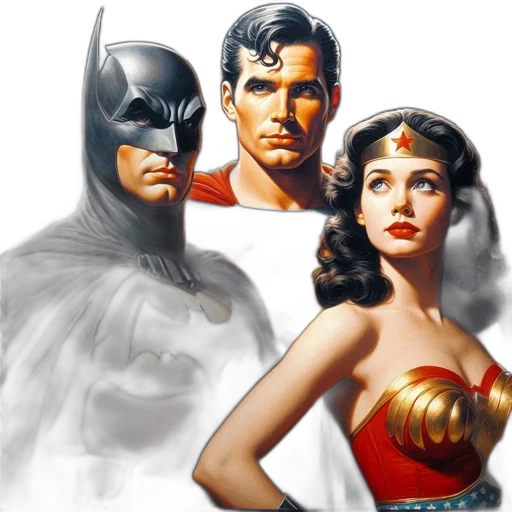 comic book art, concept art, photorealistic, fantasy art, batman, superman, wonder, woman transparent PNG cut-out