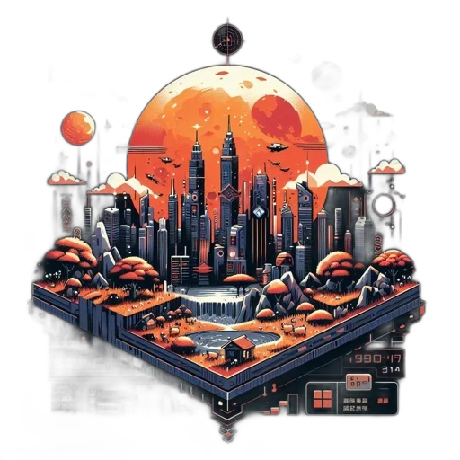 concept art, pixel art, cyberpunk, fantasy art, outer space, futuristic, cityscape, floats transparent PNG cut-out