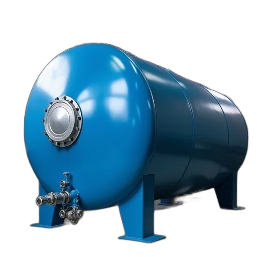 3d render, large, blue, cylindrical, tank, silver, lid, situated transparent PNG cut-out