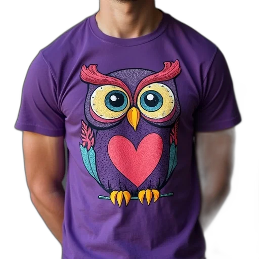 3d render, colorful, man, wearing, purple, t-shirt, owl, design transparent PNG cut-out