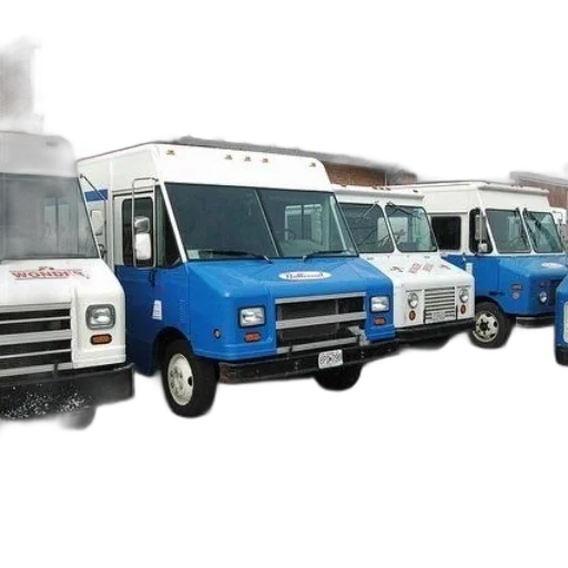 concept art, 3d render, row, delivery, trucks, parked, front, brick transparent PNG cut-out