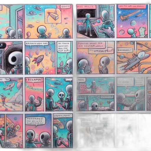 comic book art, concept art, outer space, underwater, pastel, multi-panel, comic, strip transparent PNG cut-out