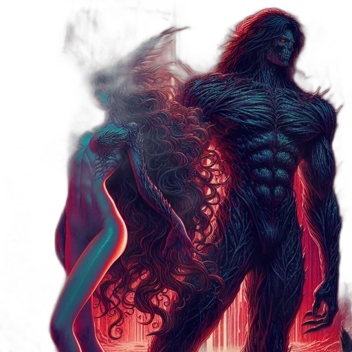 creature, concept art, comic book art, fantasy art, fire, dark, red, two transparent PNG cut-out