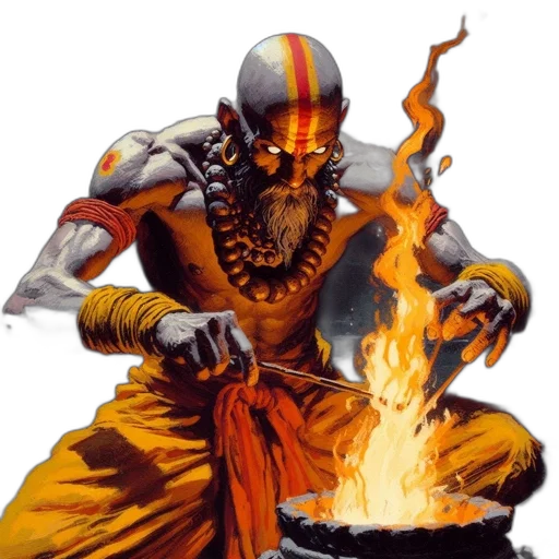 staff, concept art, fantasy art, comic book art, fire, muscular, man, beard transparent PNG cut-out