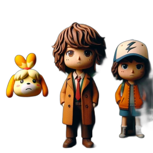 concept art, 3d render, cartoon, golden, three, characters, stand, wooden transparent PNG cut-out