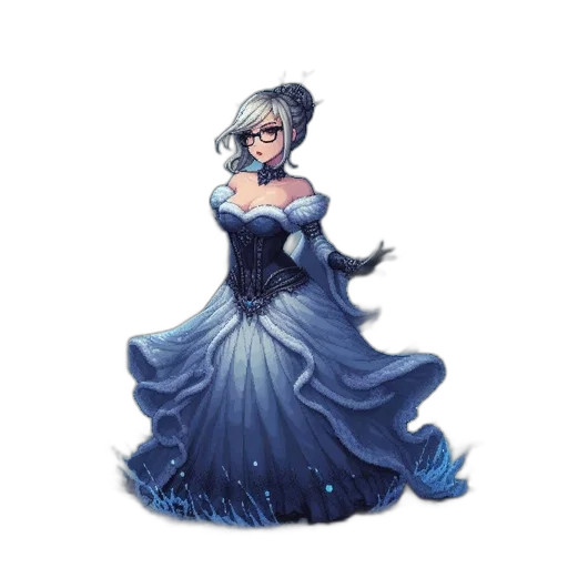 dress, staff, crown, concept art, fantasy art, pixel art, anime, blue transparent PNG cut-out