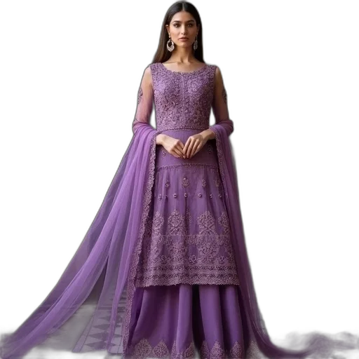 dress, photorealistic, 3d render, purple, embroidered, net, salach, dupatta transparent PNG cut-out