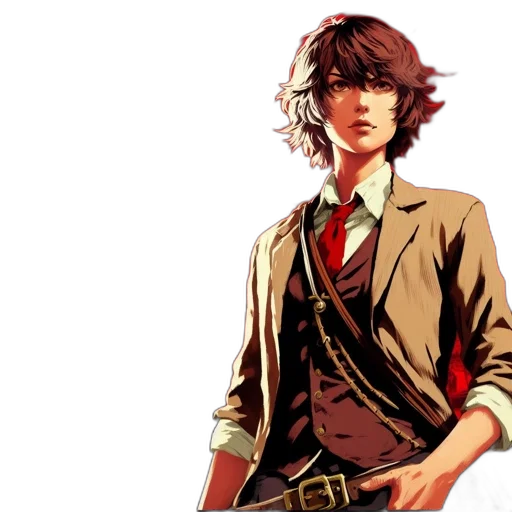 jacket, staff, comic book art, concept art, fantasy art, anime, red, earth tones transparent PNG cut-out