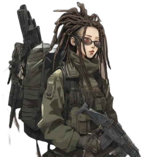 weapon, jacket, staff, hair, concept art, cyberpunk, anime, pixel art transparent PNG cut-out