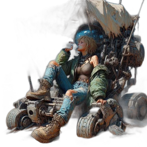 robot, weapon, concept art, fantasy art, cyberpunk, photorealistic, fog, blue transparent PNG cut-out