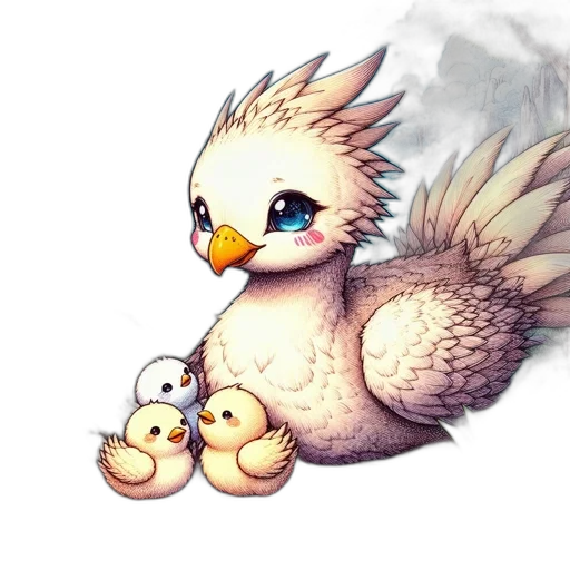 pixel art, fantasy art, concept art, photorealistic, gentle, bird, sits, chicks transparent PNG cut-out
