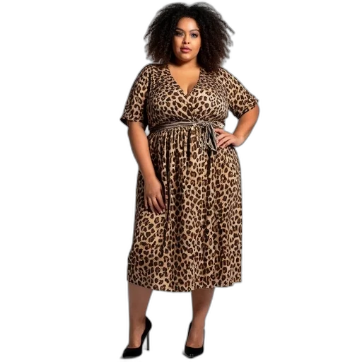 dress, woman, larger, build, wearing, leopard, print, v-neckline transparent PNG cut-out