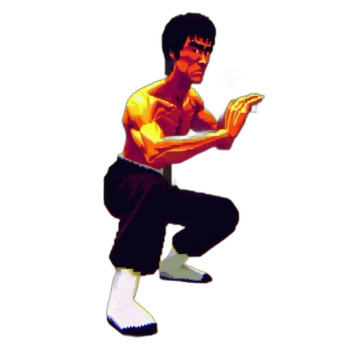 pixel art, concept art, comic book art, cartoon, bruce, lee-like, figure, dynamic transparent PNG cut-out