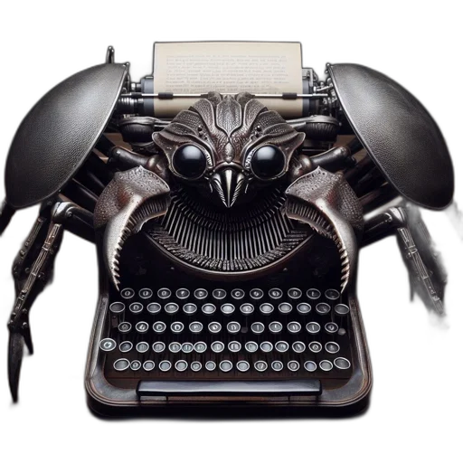 robot, mask, weapon, creature, cyberpunk, concept art, insect-inspired, typewriter transparent PNG cut-out