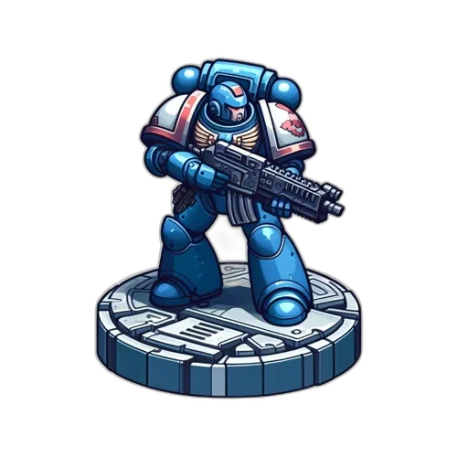 robot, weapon, pixel art, concept art, 3d render, comic book art, blue, blue-armored transparent PNG cut-out