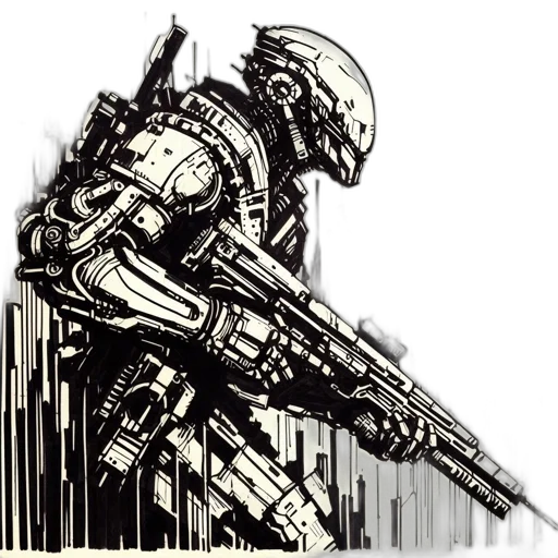 robot, weapon, sword, concept art, pixel art, comic book art, cyberpunk, monochrome transparent PNG cut-out