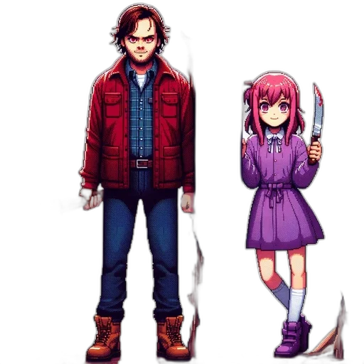 jacket, weapon, pixel art, anime, concept art, comic book art, red, two transparent PNG cut-out