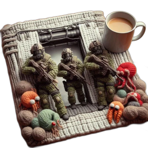weapon, 3d render, photorealistic, concept art, three, knitted, soldier, figurines transparent PNG cut-out