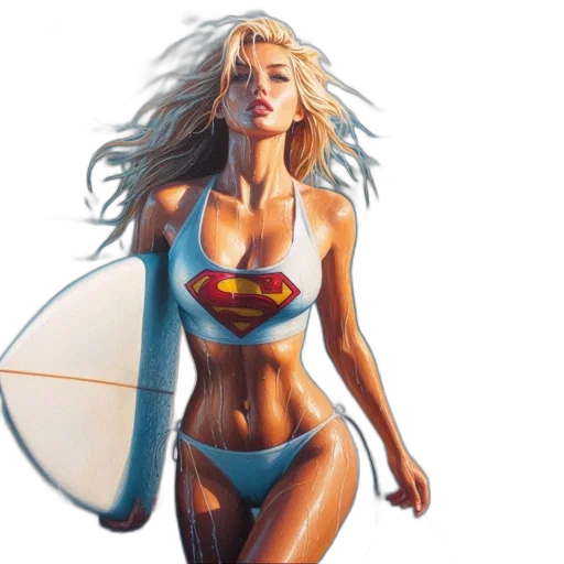 comic book art, concept art, fantasy art, photorealistic, blonde, woman, stands, beach transparent PNG cut-out
