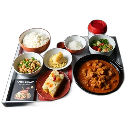 food, tray, various, dishes, displayed, dark, surface, contains transparent PNG cut-out