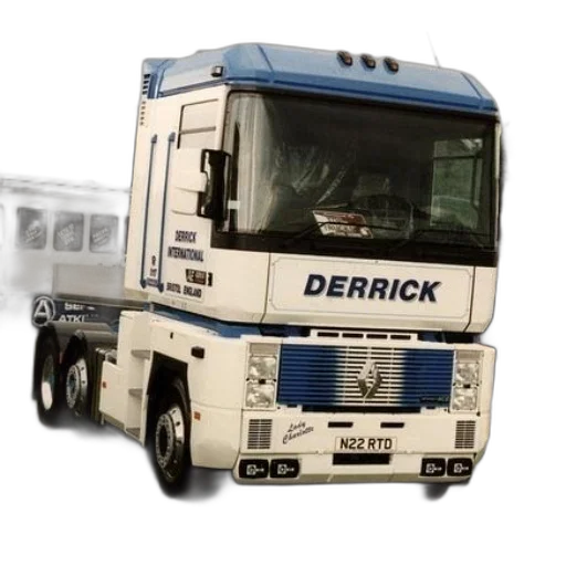 photorealistic, 3d render, white, blue, truck, word, derrick, front transparent PNG cut-out