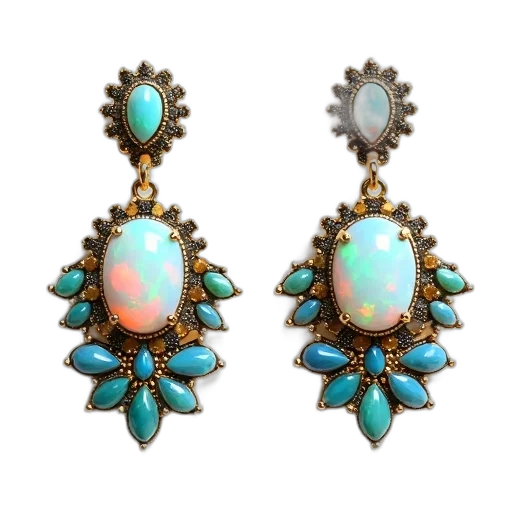 jewelry, pastel, pair, earrings, central, opal, stone, surrounded transparent PNG cut-out