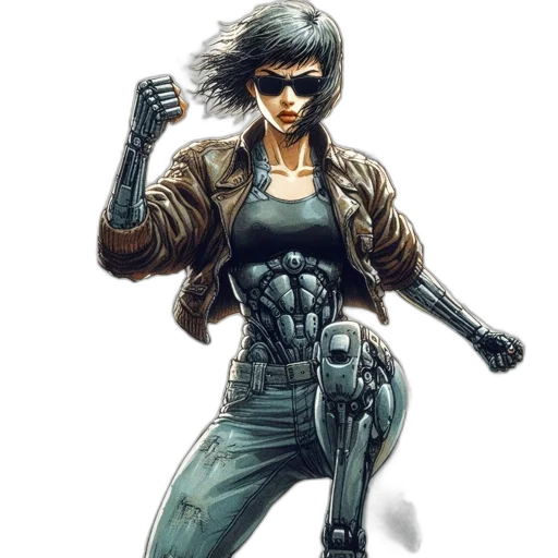 jacket, weapon, robot, comic book art, cyberpunk, concept art, pixel art, futuristic transparent PNG cut-out
