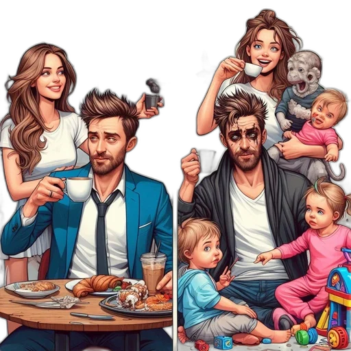 cartoon, concept art, comic book art, photorealistic, comparison, two, scenes, shows transparent PNG cut-out