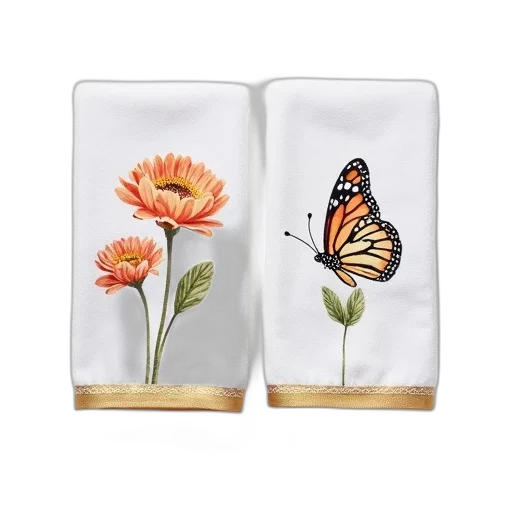 photorealistic, pair, white, towels, floral, design, left, towel transparent PNG cut-out