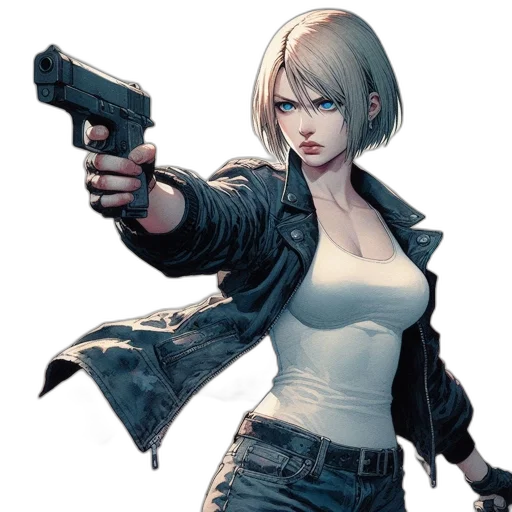 weapon, jacket, concept art, comic book art, cyberpunk, photorealistic, animated, female transparent PNG cut-out