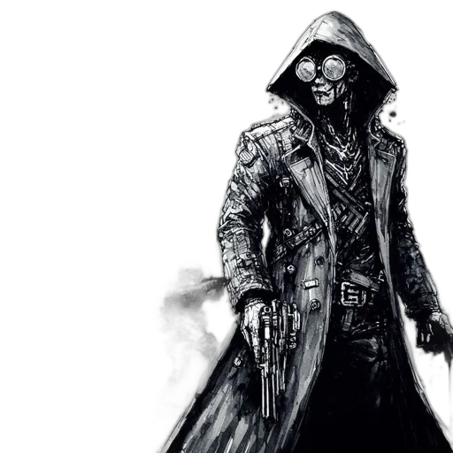 jacket, mask, weapon, concept art, comic book art, cyberpunk, fantasy art, monochrome transparent PNG cut-out