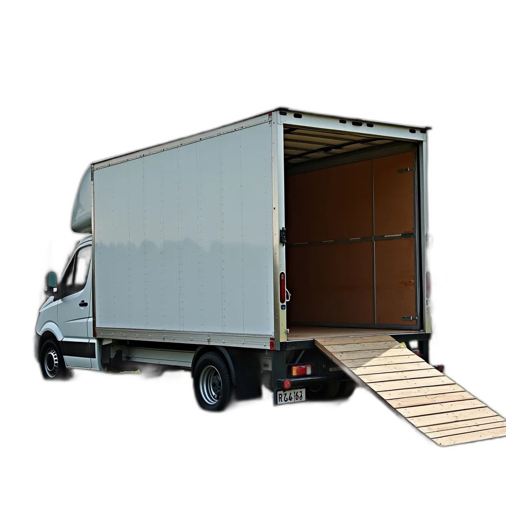 car, staff, 3d render, photorealistic, white, delivery, truck, parked transparent PNG cut-out