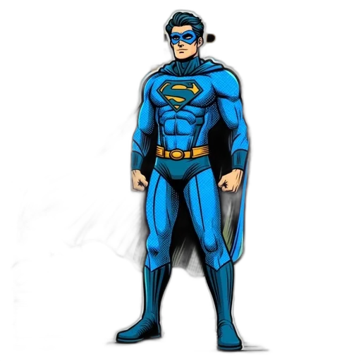 comic book art, concept art, cartoon, 3d render, blue, blue-suited, superhero, stands transparent PNG cut-out