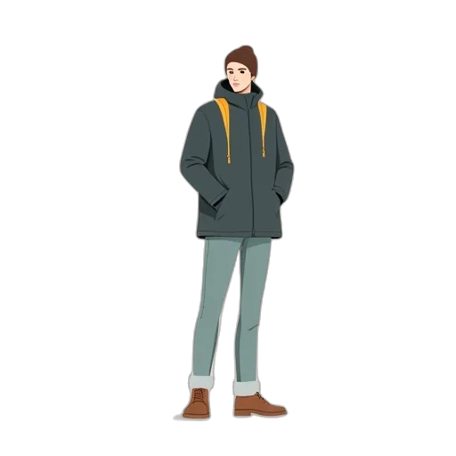 jacket, staff, concept art, cartoon, pixel art, 3d render, snow, earth tones transparent PNG cut-out