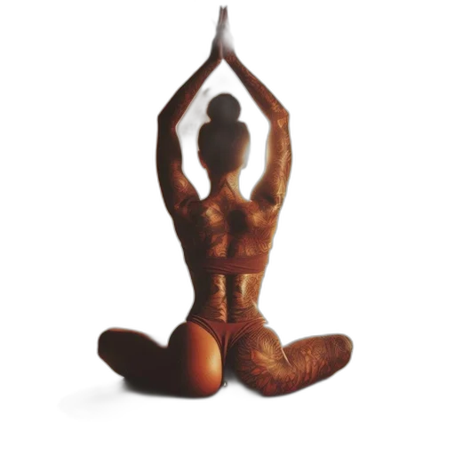 photorealistic, 3d render, concept art, woman, yoga, pose, surrounded, tall transparent PNG cut-out