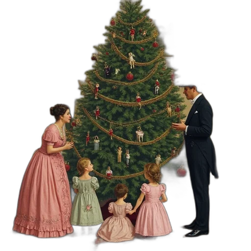 tree, snow, victorian-era, illustration, family, gathered, around, large transparent PNG cut-out