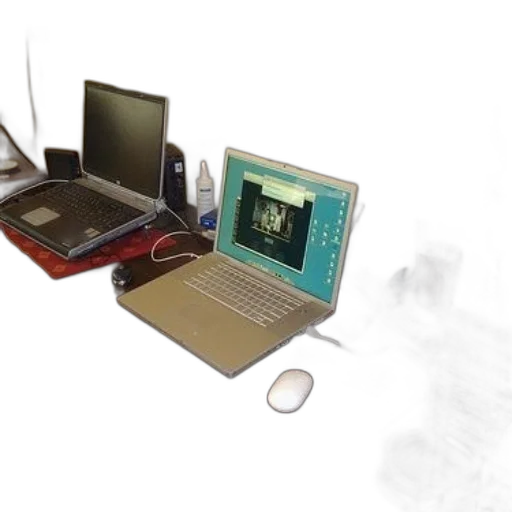 3d render, concept art, photorealistic, cyberpunk, cluttered, desk, two, laptops transparent PNG cut-out