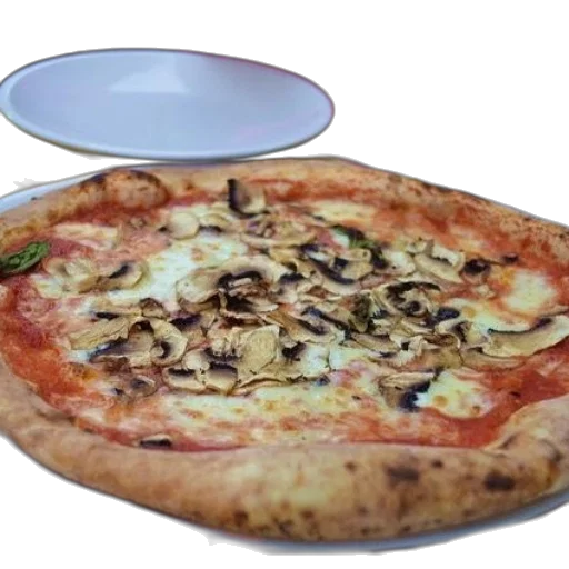 food, 3d render, photorealistic, delicious, pizza, mushrooms, cheese, sits transparent PNG cut-out