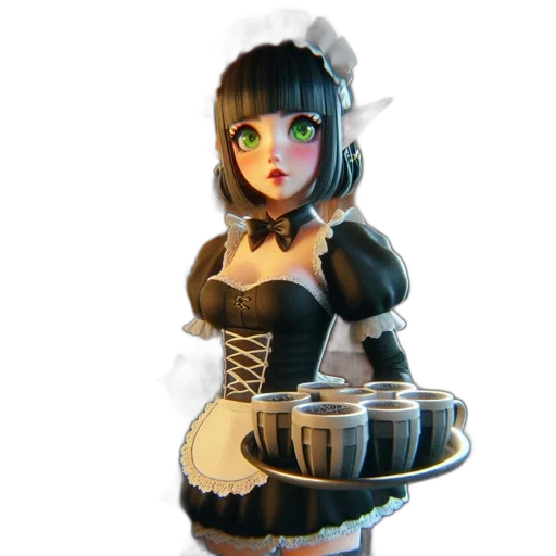 dress, robot, staff, 3d render, concept art, fantasy art, anime, monochrome transparent PNG cut-out