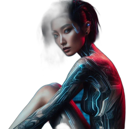 robot, cyberpunk, concept art, fantasy art, photorealistic, blue, woman, wet transparent PNG cut-out