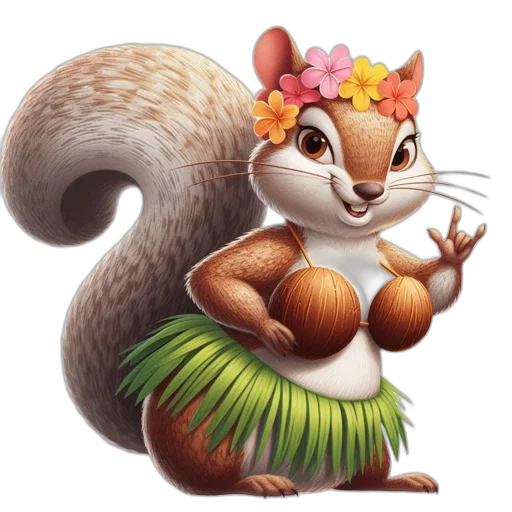 animal, concept art, fantasy art, photorealistic, animated, squirrel, hula, outfit transparent PNG cut-out