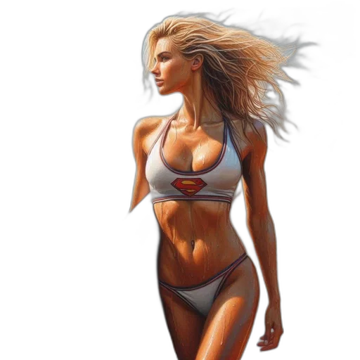 photorealistic, concept art, fantasy art, comic book art, woman, red-bikini-top, logo, stands transparent PNG cut-out