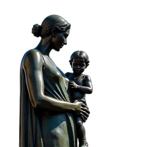 photorealistic, 3d render, concept art, bronze, statue, woman, holding, child transparent PNG cut-out