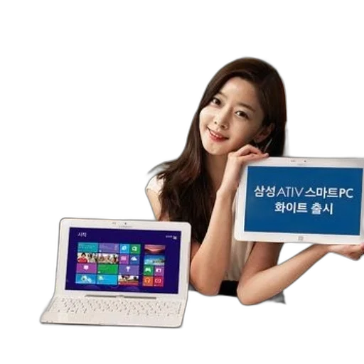 photorealistic, woman, holds, tablet, korean, text, next, laptop transparent PNG cut-out